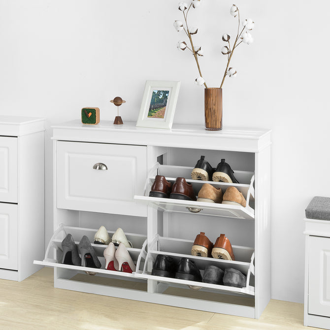 Haotian FSR79-W, White Shoe Cabinet with 4 Flip Drawers, Freestanding Shoe Rack, Cupboard Organizer Unit Image 5