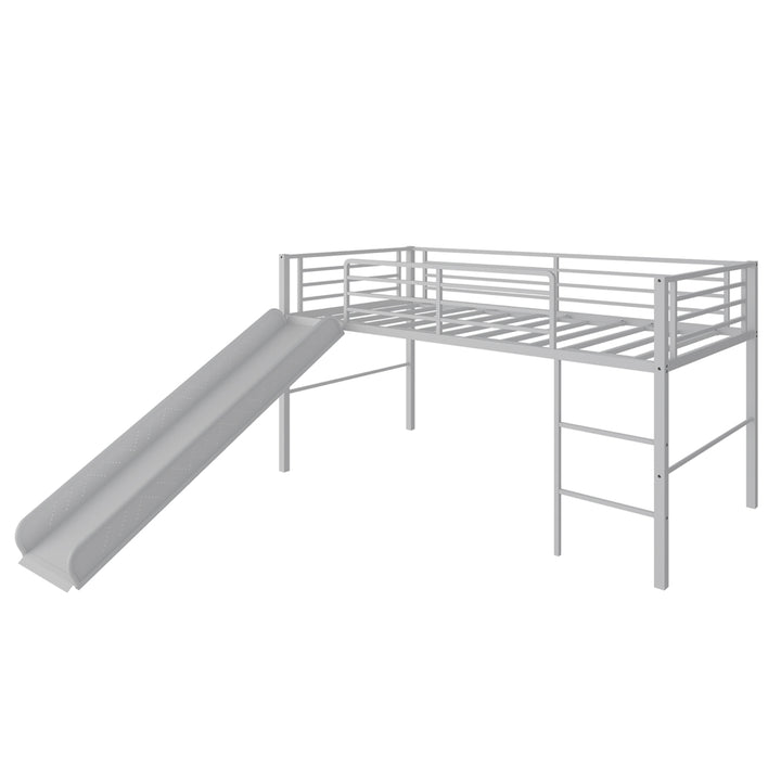 Twin Metal Loft Bed with Slide Guardrails Built-in Ladder Low Bed Frame Image 4