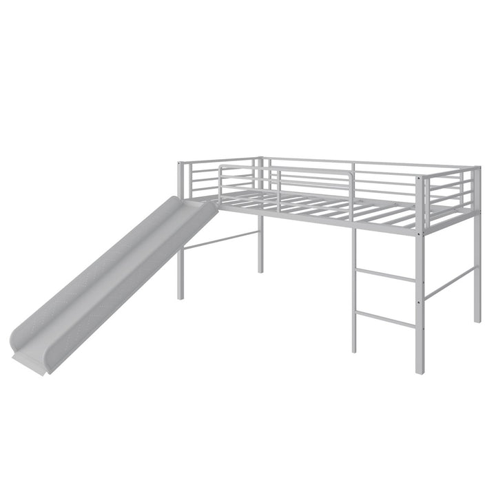 Twin Metal Loft Bed with Slide Guardrails Built-in Ladder Low Bed Frame Image 1