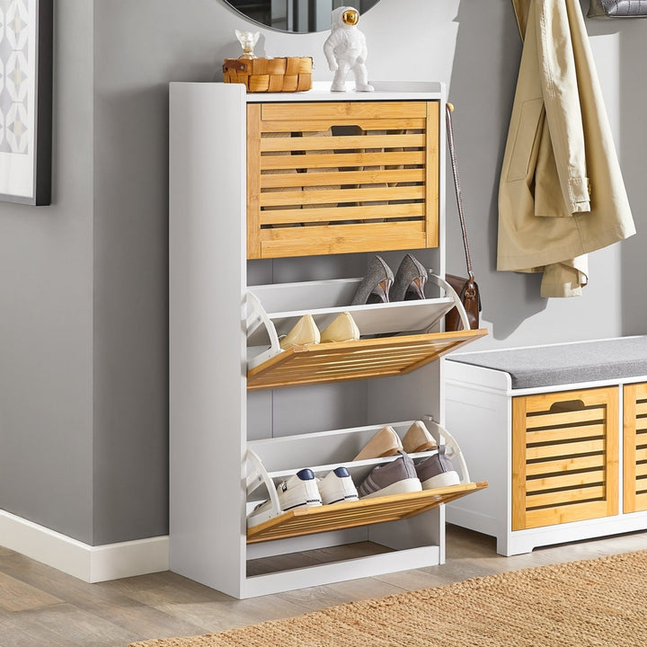 Haotian FSR108-WN, White and Natural 3 Flip-Drawers Shoe Cabinet, Shoe Rack, Shoe Storage Bench Image 2