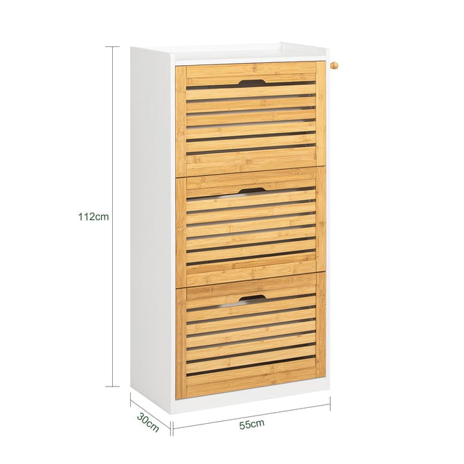 Haotian FSR108-WN, White and Natural 3 Flip-Drawers Shoe Cabinet, Shoe Rack, Shoe Storage Bench Image 3