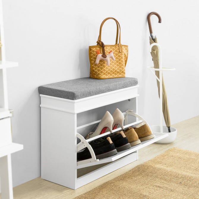 Haotian FSR82-K-W Shoe Bench White Hallway Storage Cabinet with Cushion 60cm Image 1