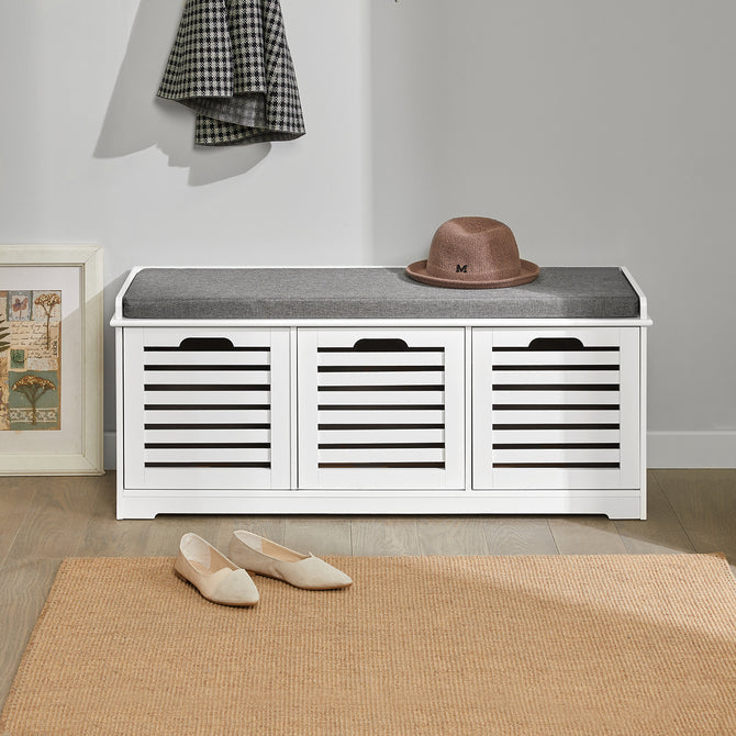 Haotian FSR23-W, White Storage Bench with 3 Drawers and Padded Seat Cushion, Hallway Bench, Shoe Cabinet, Shoe Bench Image 1