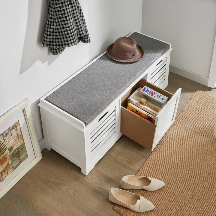 Haotian FSR23-W, White Storage Bench with 3 Drawers and Padded Seat Cushion, Hallway Bench, Shoe Cabinet, Shoe Bench Image 2