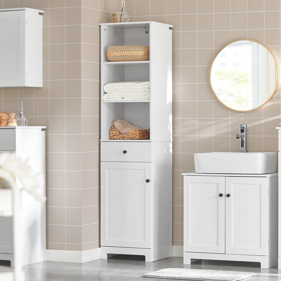 Haotian BZR17-W, Floor Standing Tall Bathroom Storage Cabinet with Shelves and Drawers,Linen Tower Bath Cabinet, Cabinet Image 1