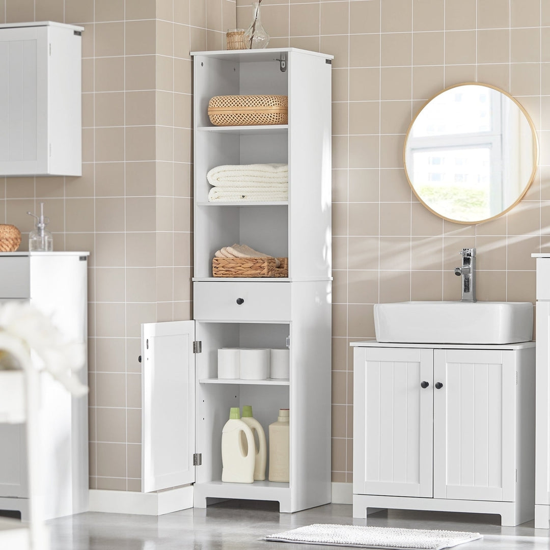 Haotian BZR17-W White Floor Standing Tall Bathroom Storage Cabinet with Shelves Image 2