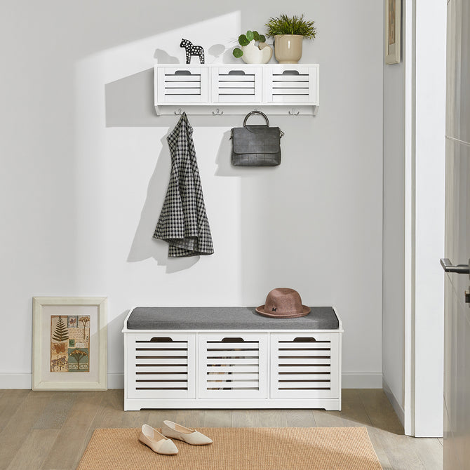 Haotian FSR23-W, White Storage Bench with 3 Drawers and Padded Seat Cushion, Hallway Bench, Shoe Cabinet, Shoe Bench Image 7