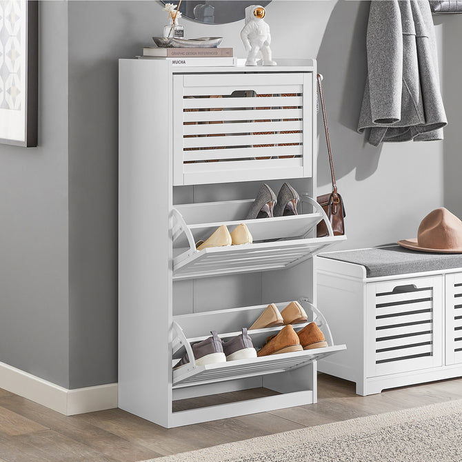 Haotian FSR108-W, White Shoe Cabinet with 3 Flip Drawers, Freestanding Shoe Rack with Hooks, Shoe Storage Cupboard Image 1