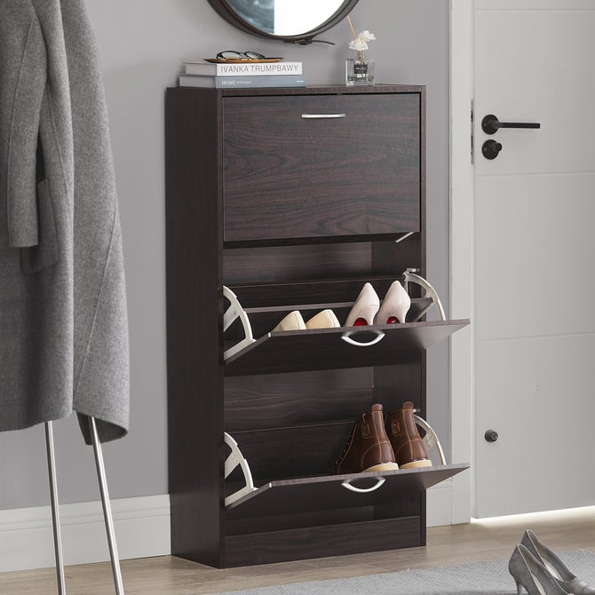 Haotian FSR110-BR, Brown Shoe Cabinet with 3 Flip Drawers, Freestanding Shoe Rack, Shoe Storage Cupboard Organizer Unit Image 1