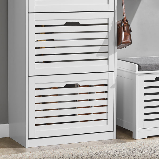 Haotian FSR108-W, White Shoe Cabinet with 3 Flip Drawers, Freestanding Shoe Rack with Hooks, Shoe Storage Cupboard Image 5