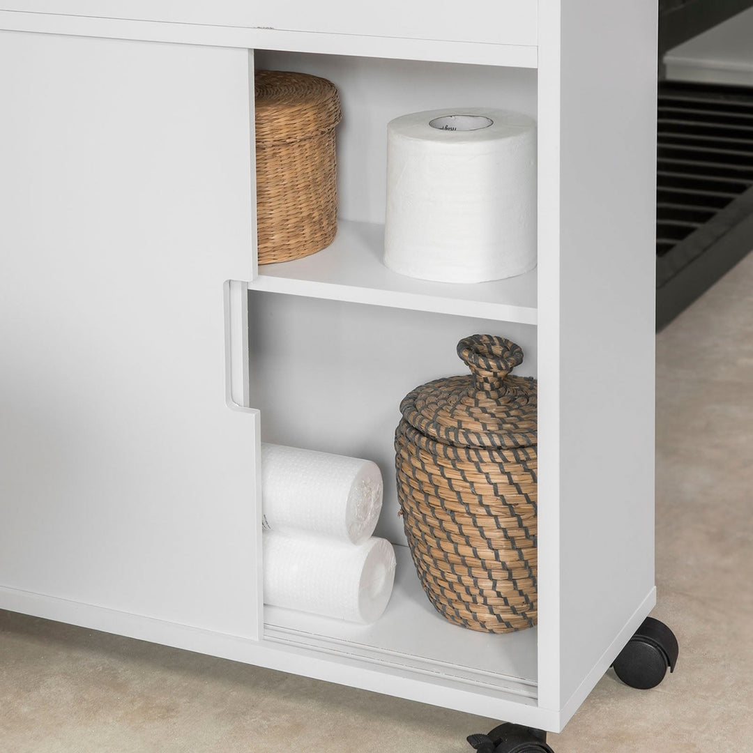 Haotian BZR02-W,  Version Bathroom Toilet Paper Roll Holder, Bathroom Storage Cabinet Cupboard on Wheels Image 5