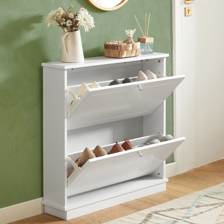 Haotian FSR99-W, White Shoe Cabinet with 2 Flip-Drawers, Freestanding Shoe Rack, Narrow Shoe Organiazer Image 2