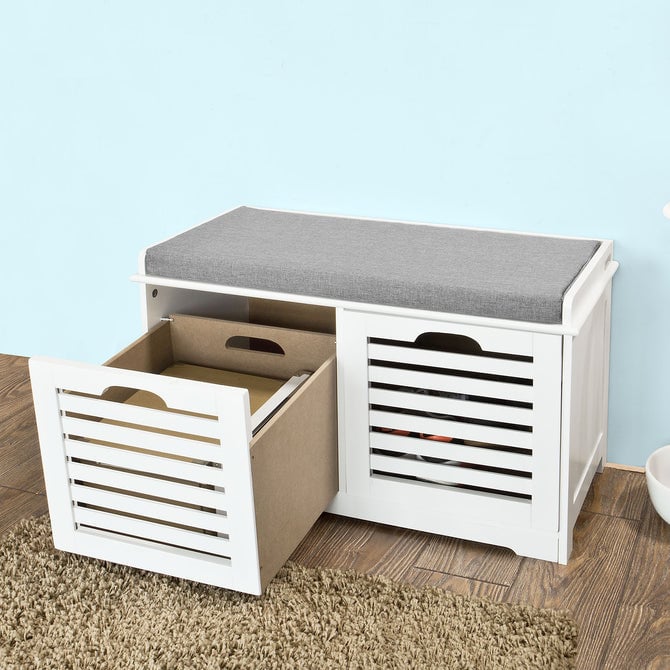 Haotian FSR23-K-W, White Storage Bench with 2 Drawers and Removable Seat Cushion, Shoe Cabinet Shoe Bench Image 2