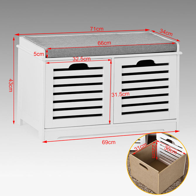 Haotian FSR23-K-W, White Storage Bench with 2 Drawers and Removable Seat Cushion, Shoe Cabinet Shoe Bench Image 3