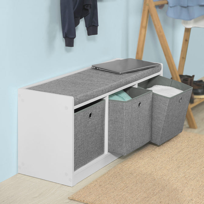 Haotian FSR65-DG Grey Storage Bench with Cushion 3 Baskets Shoe Rack 40x12.6 in Image 7