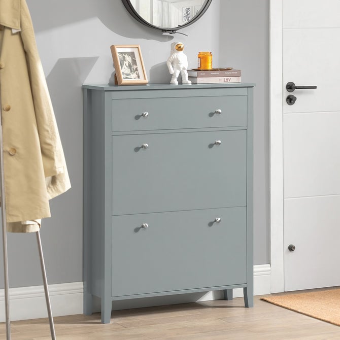 Haotian FSR89-HG, Grey Shoe Cabinet with 1 Slide Drawer and 2 Flip Drawers, Freestanding Shoe Rack, Shoe Organiazer Image 1