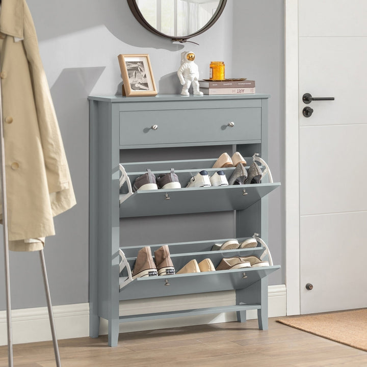 Haotian FSR89-HG, Grey Shoe Cabinet with 1 Slide Drawer and 2 Flip Drawers, Freestanding Shoe Rack, Shoe Organiazer Image 2