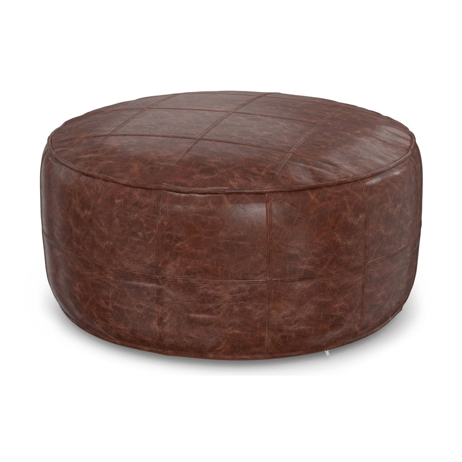 Connor Round Coffee Table Pouf 34 Inch Distressed Leather Home Accent Seat Image 1