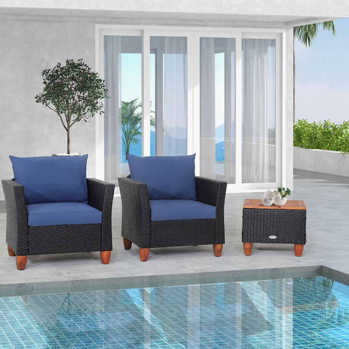 3PCS Patio Rattan Conversation Furniture Set Yard Outdoor w/ Navy Cushions Image 1