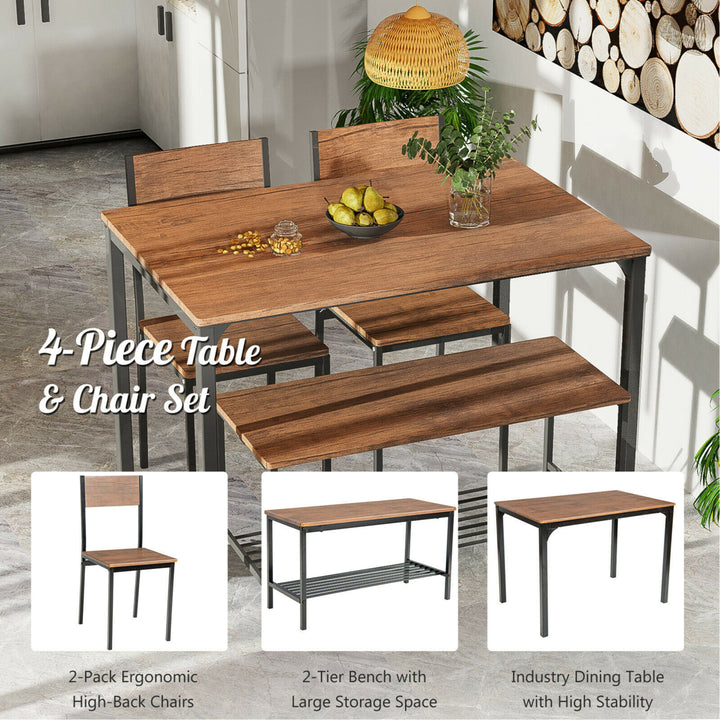 4pcs Dining Table Set Rustic Desk 2 Chairs and Bench w/ Storage Rack Image 2