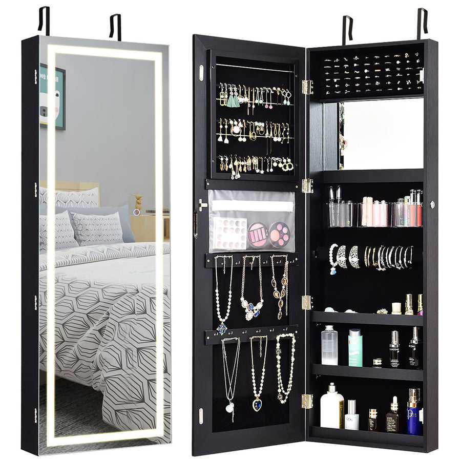 Costway Door Wall Mount Touch Screen LED Light Mirrored Jewelry Cabinet Storage White/Coffee/Black Image 1