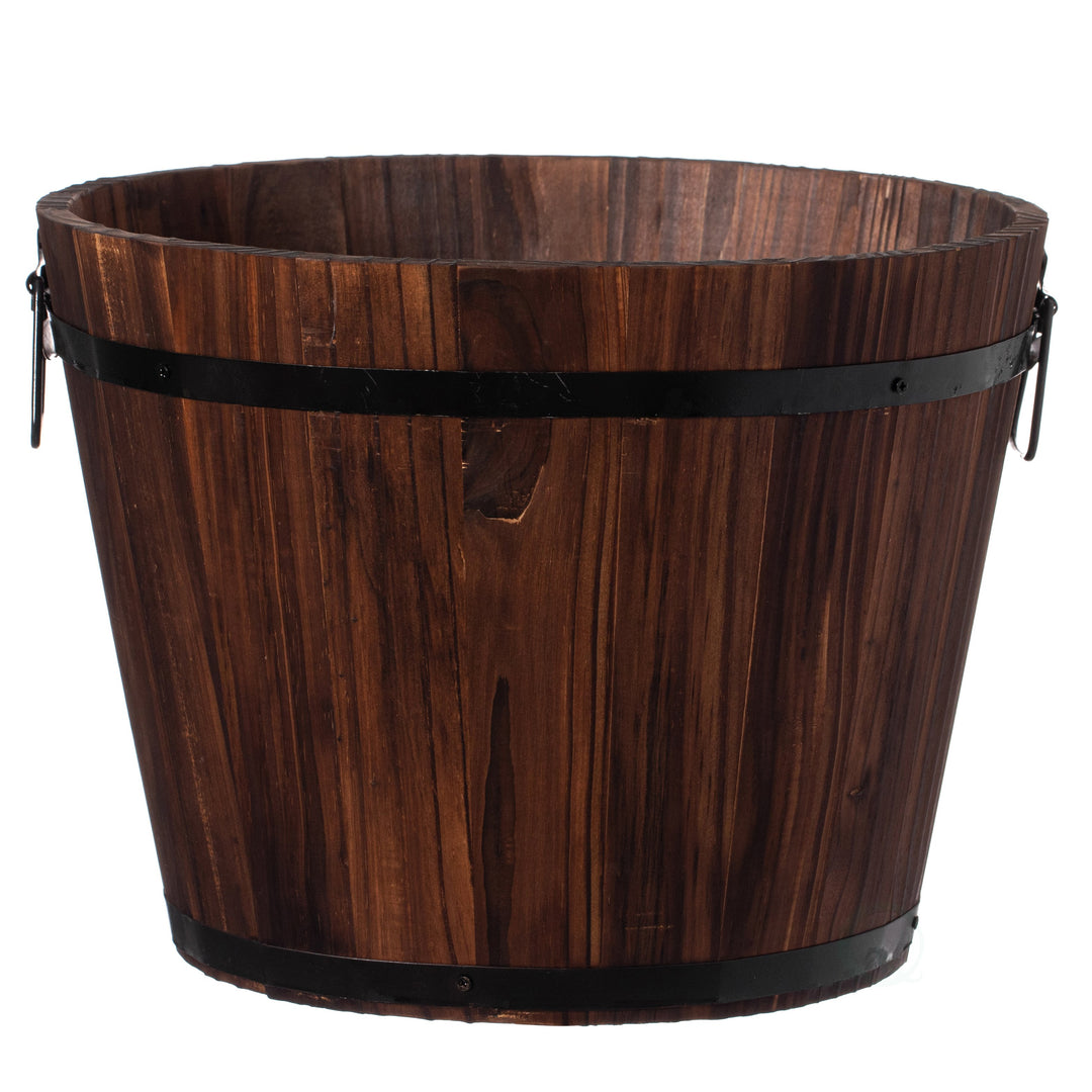 Rustic Wooden Whiskey Barrel Planter with Durable Medal Handles and Drainage Holes - Perfect for Indoor and Outdoor Use Image 1