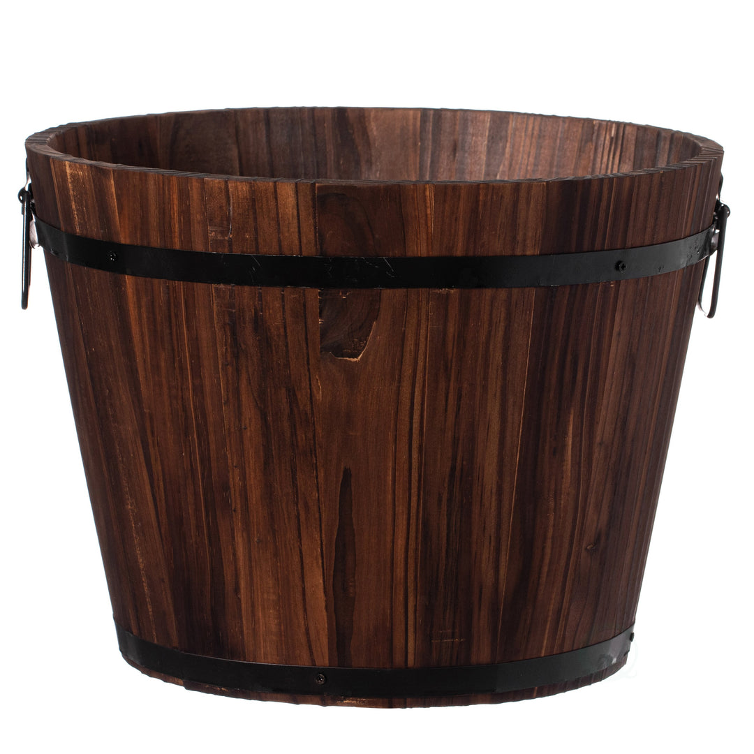 Rustic Wooden Whiskey Barrel Planter with Metal Handles and Drainage Holes 18in Image 1