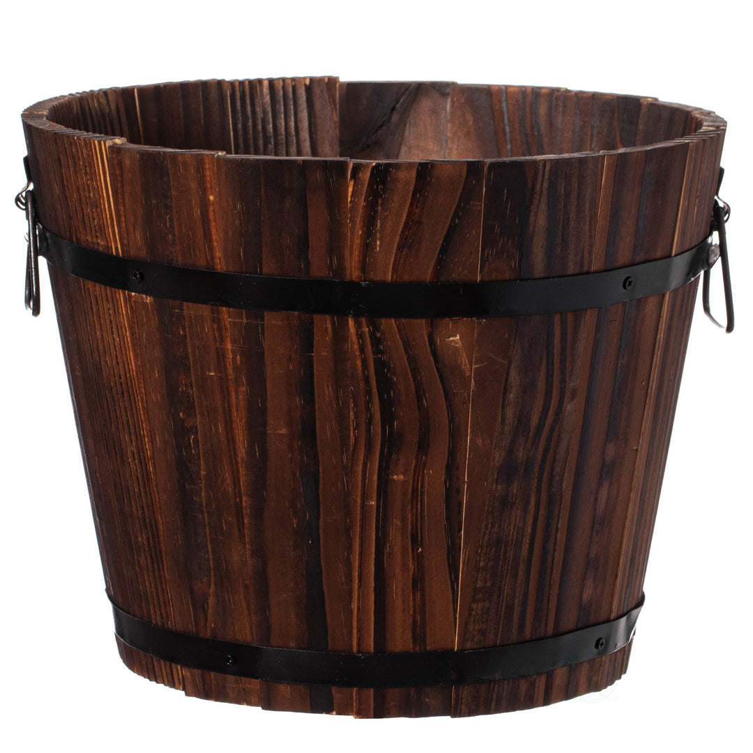Rustic Wooden Whiskey Barrel Planter with Durable Medal Handles and Drainage Holes - Perfect for Indoor and Outdoor Use Image 3
