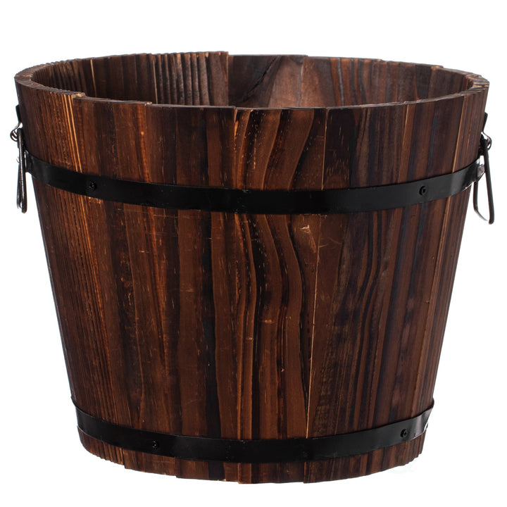 Rustic Wooden Whiskey Barrel Planter with Metal Handles and Drainage Holes 18in Image 1