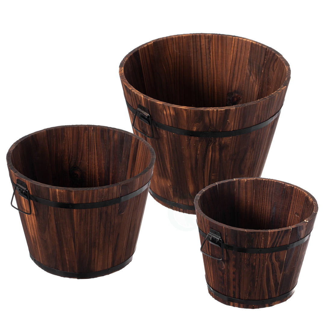 Rustic Wooden Whiskey Barrel Planter with Metal Handles and Drainage Holes 18in Image 1