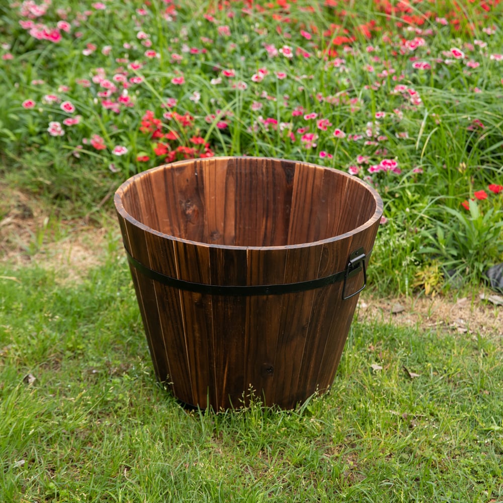 Rustic Wooden Whiskey Barrel Planter with Durable Medal Handles and Drainage Holes - Perfect for Indoor and Outdoor Use Image 10