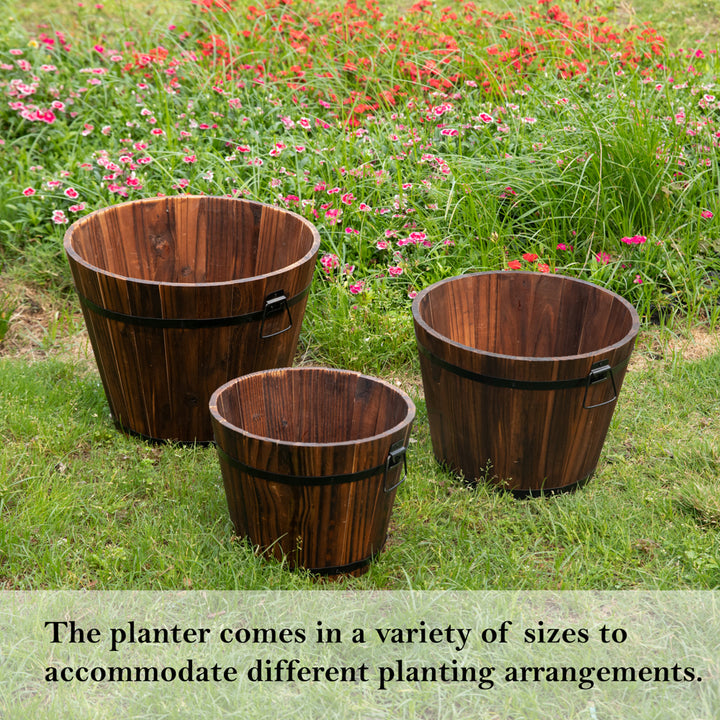 Rustic Wooden Whiskey Barrel Planter with Durable Medal Handles and Drainage Holes - Perfect for Indoor and Outdoor Use Image 11