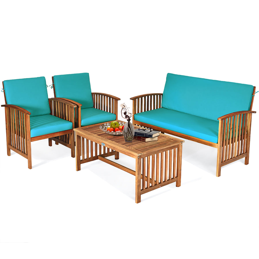 4PCS Patio Solid Wood Furniture Set Conversation Coffee Table TurquoiseBlack Cushion Image 1