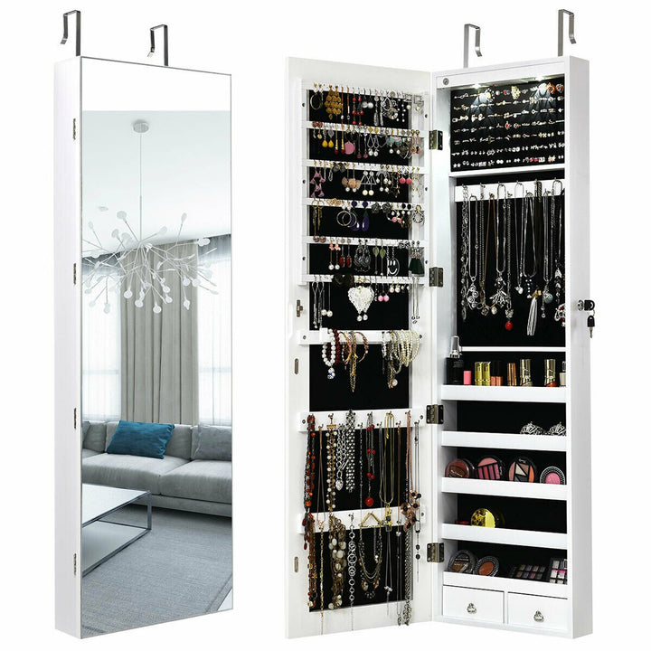 Wall and Door Mounted Mirrored Jewelry Cabinet Storage Organizer Black/White Image 3