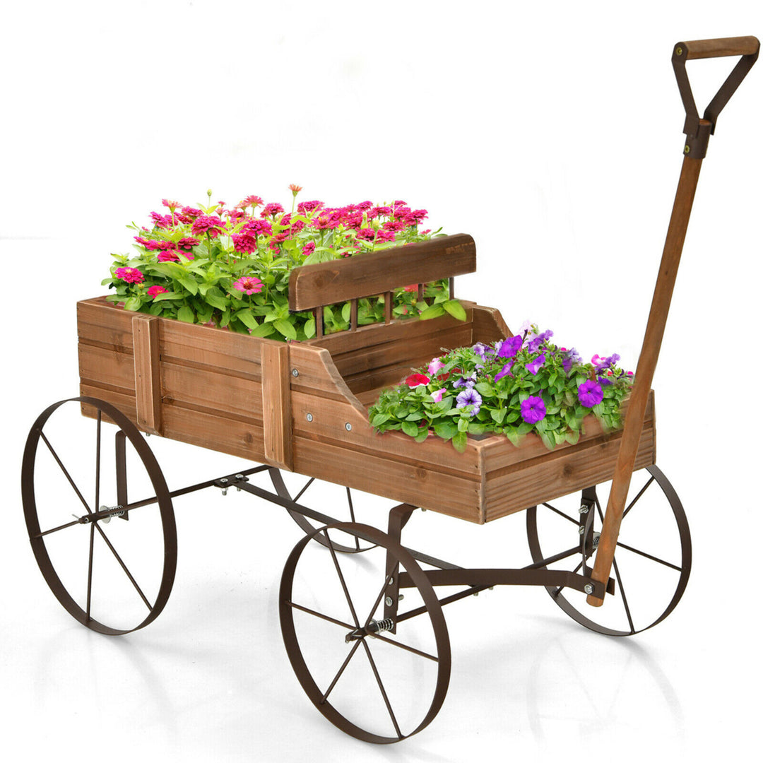 Garden Plant Planter Wooden Wagon Planter W/ Wheel Garden Yard Image 4