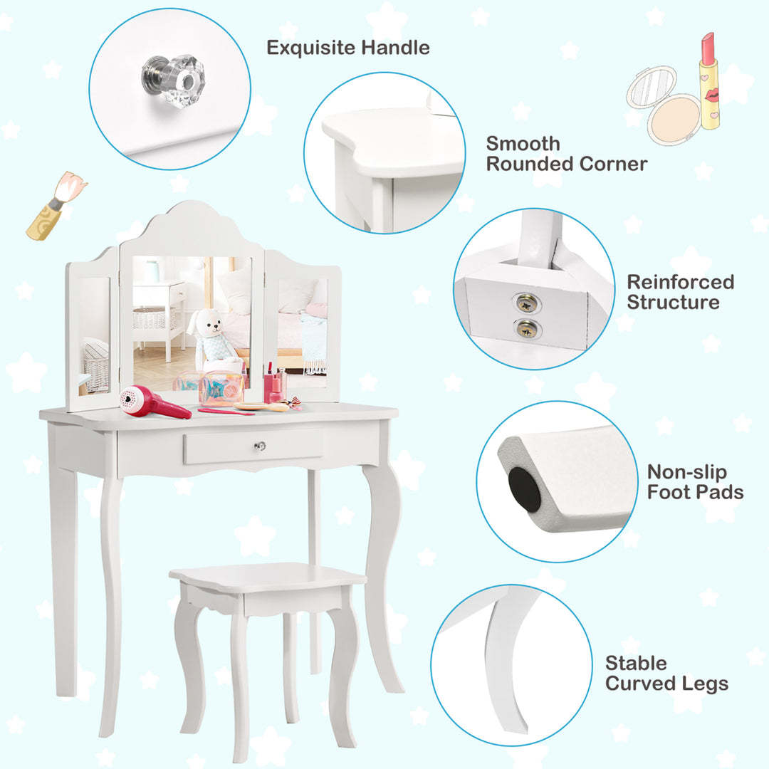 Vanity Table Set Makeup Dressing Table Stool Mirror White Image 6