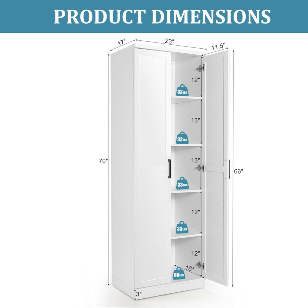 70 Storage Cabinet Freestanding Pantry Cabinet w/2 Doors and 5 Shelves White Image 2