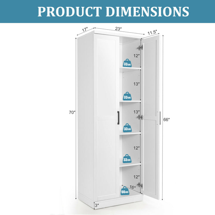 70 Storage Cabinet Freestanding Pantry Cabinet w/2 Doors and 5 Shelves White Image 2