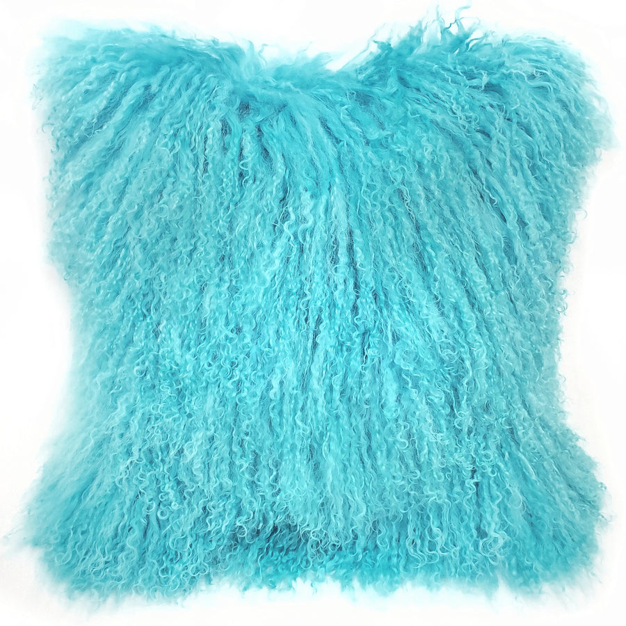 Pillow Decor - Mongolian Sheepskin Turquoise Blue Throw Pillow Image 1