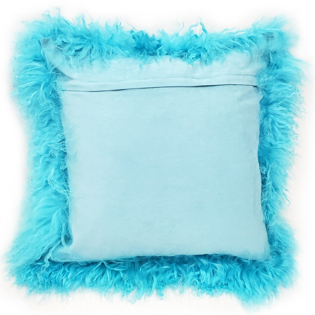 Pillow Decor - Mongolian Sheepskin Turquoise Blue Throw Pillow Image 3