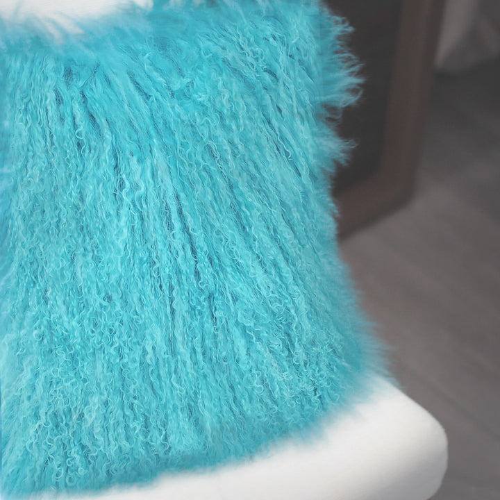 Pillow Decor - Mongolian Sheepskin Turquoise Blue Throw Pillow Image 4