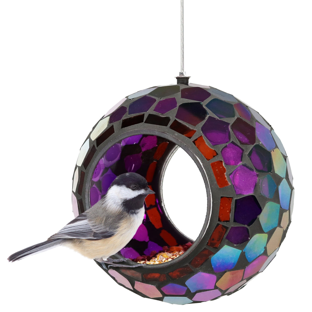 Round Mosaic Fly-Through Hanging Bird Feeder - 6 in - Purple by Sunnydaze Image 8
