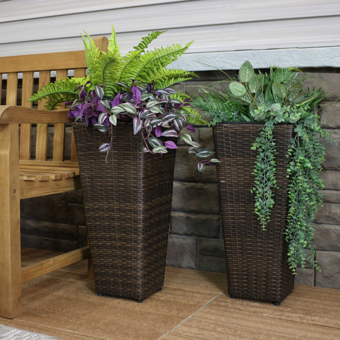 Sunnydaze 24 in Polyrattan Tall Square Planter - Brown - Set of 2 Image 5