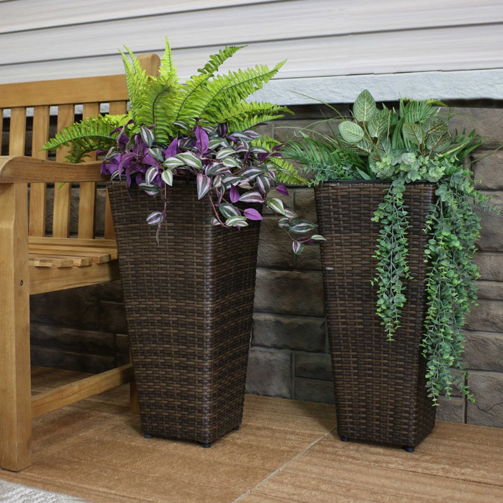 Sunnydaze 24 in Polyrattan Tall Square Planter - Brown - Set of 2 Image 5