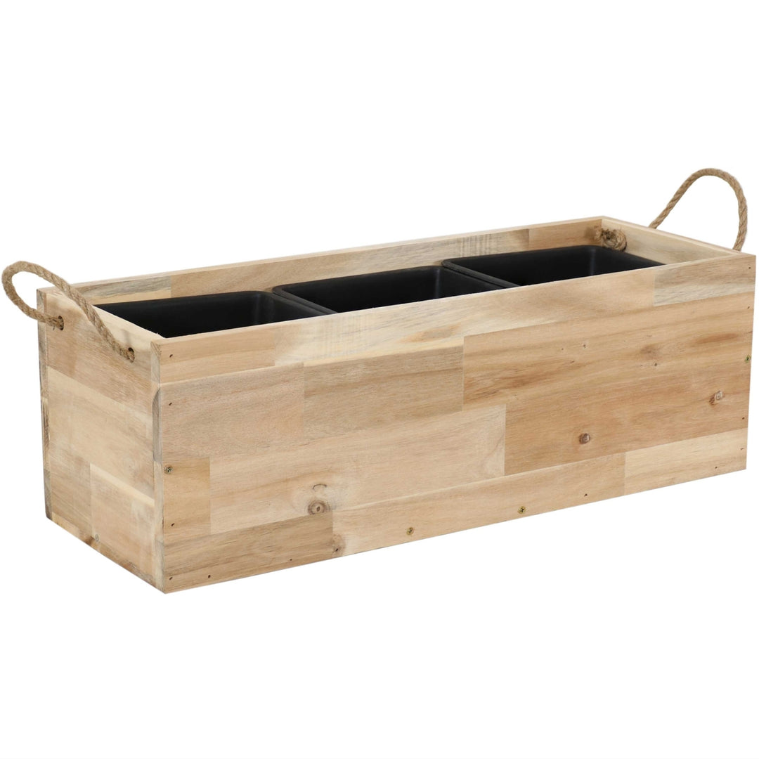 Sunnydaze Acacia Wood Rectangle Tray Planter with Handles/Liner - Natural Image 1