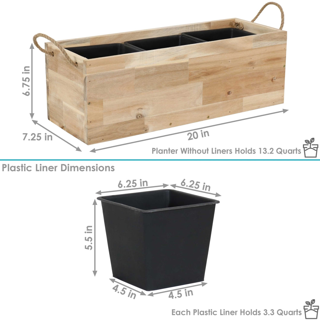 Sunnydaze Acacia Wood Rectangle Tray Planter with Handles/Liner - Natural Image 3