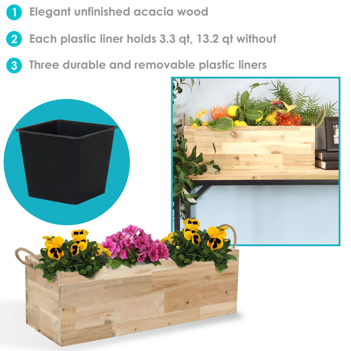 Sunnydaze Acacia Wood Rectangle Tray Planter with Handles/Liner - Natural Image 4