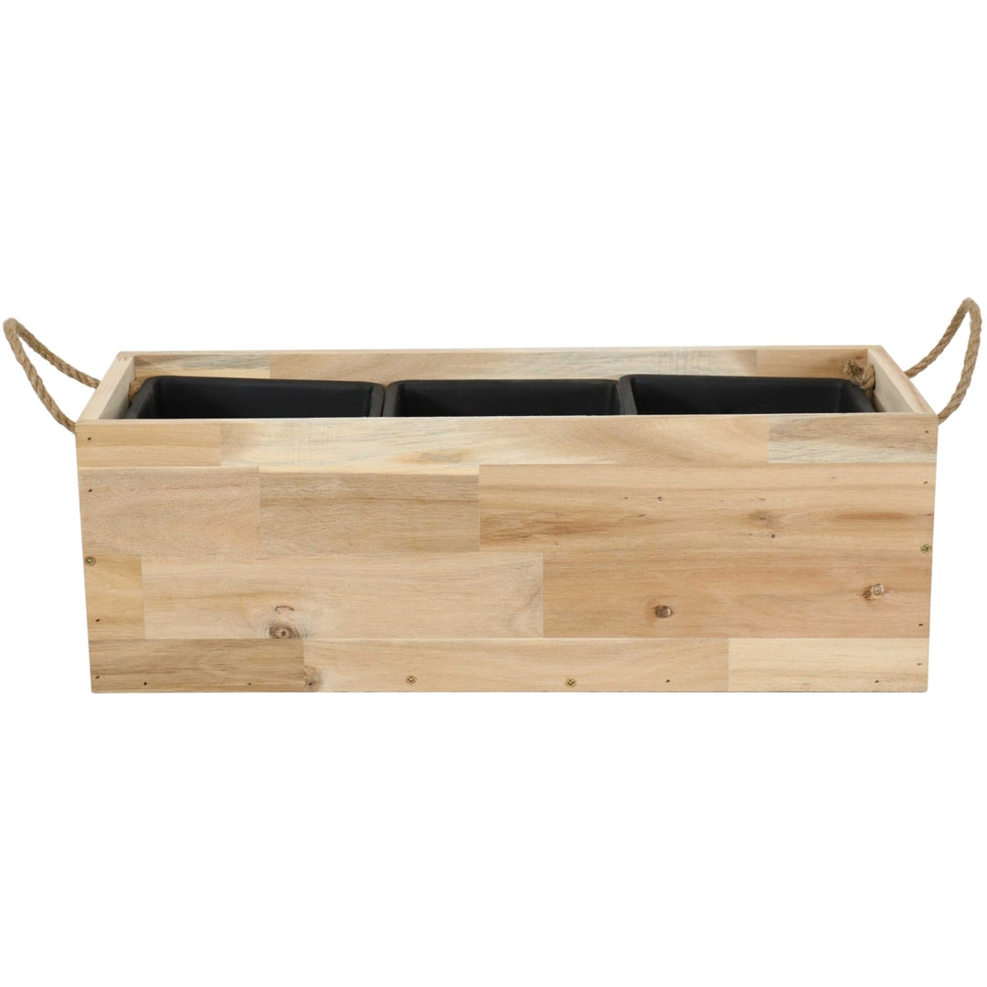 Sunnydaze Acacia Wood Rectangle Tray Planter with Handles/Liner - Natural Image 6