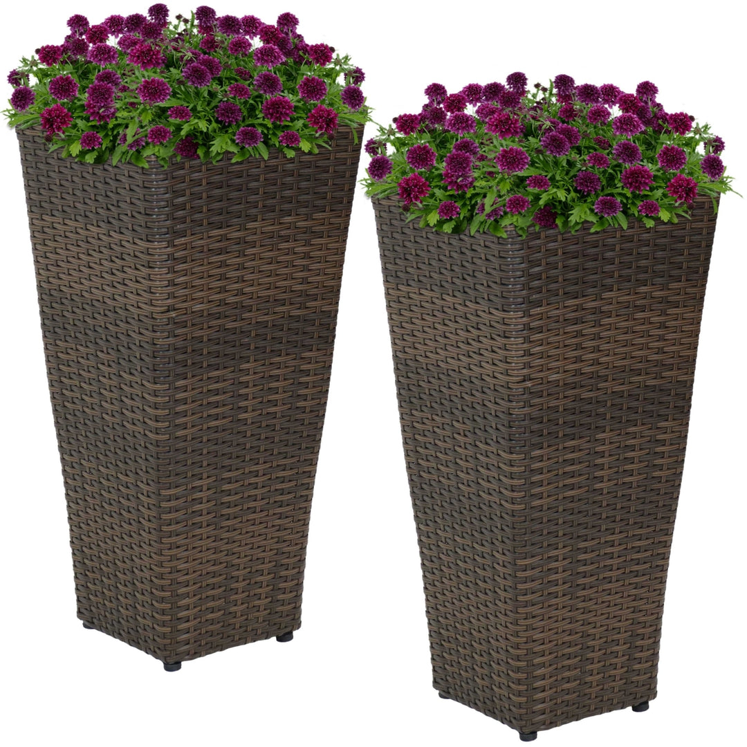 Sunnydaze 24 in Polyrattan Tall Square Planter - Brown - Set of 2 Image 6