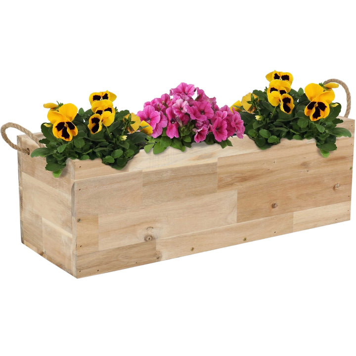 Sunnydaze Acacia Wood Rectangle Tray Planter with Handles/Liner - Natural Image 9